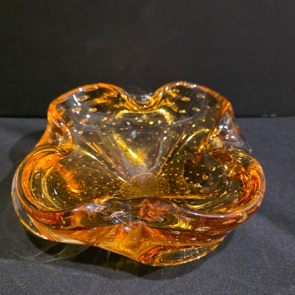 Vintage Amber Bullicante Bubble Art Glass Trinket Dish Jewelry Catchall Ashtray